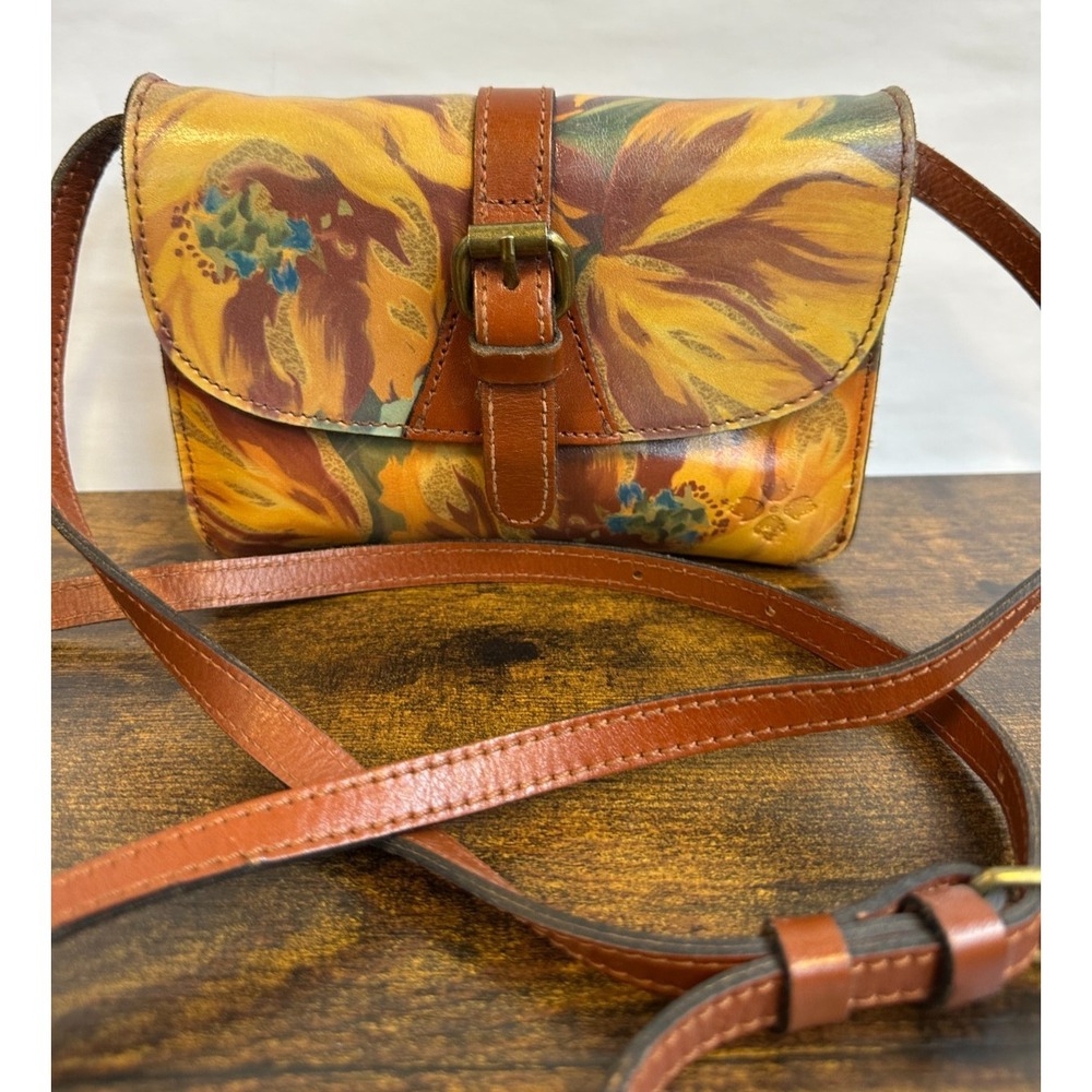 Patricia Nash Torri Crossbody Bag Leather Floral Hand Painted Yellow Tan Multi - Picture 2 of 16